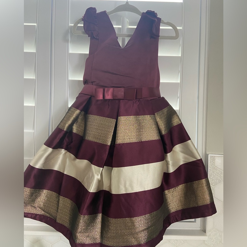 Burgandy, Cream, Gold striped Holiday Little girls dress size 4T Christmas